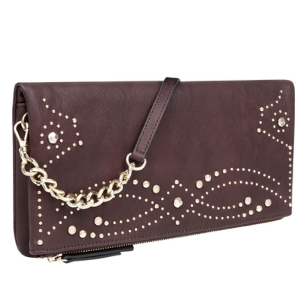 🆕 Nine West Ifeya Crossbody Gold Metal Clutch Brown Studded Handbag